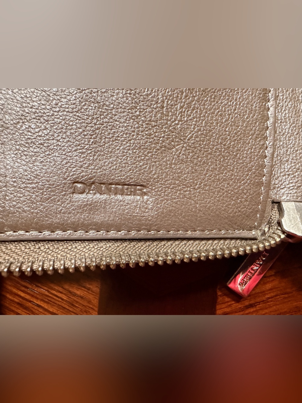 Danier Leather Krysta Large Zip Around Wallet Taupe Grey Saffiano Clutch